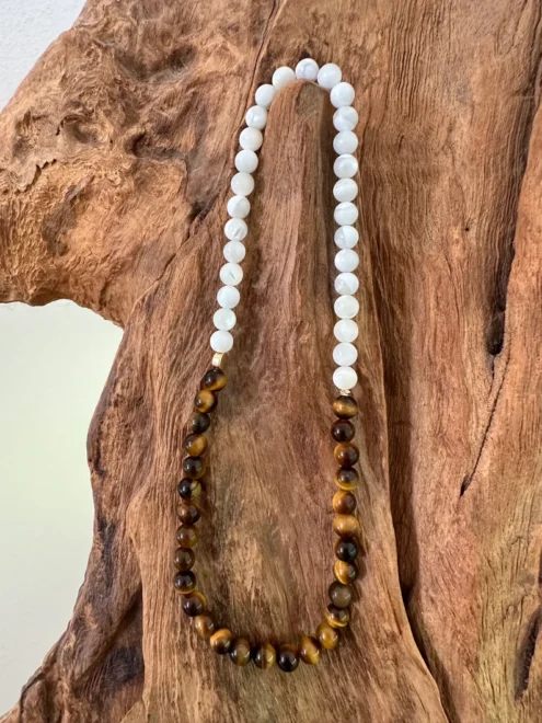 Perlenarmband "TIGERAUGE + Perlmutt" (doppelt), 6mm