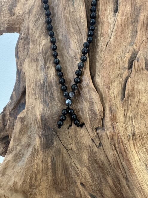 "Silver Obsidian", Mala mit 6mm und facettierten Hämatit-Perlen, zwei Varianten!